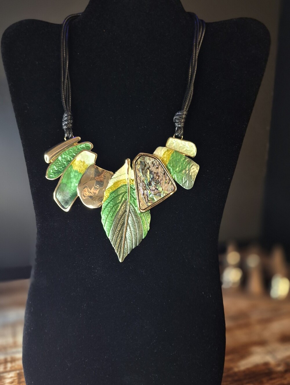 Green Leaf Pendant Necklace with Gold Accents - Women Jewelry